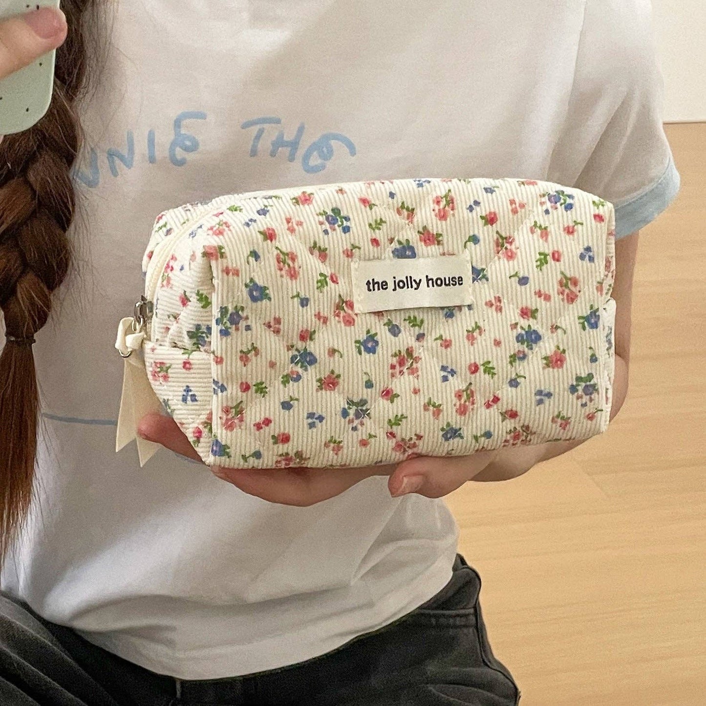 Corduroy Flower Print Sweet Cosmetic Bag