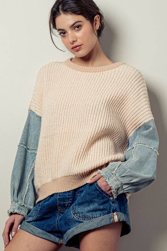 Contrast Denim Sleeve Drop Shoulder Casual Western Sweater