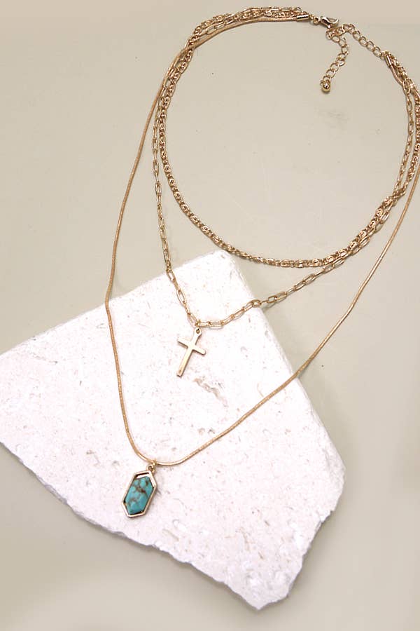 CROSS STONE MULTI LAYER CHAIN NECKLACE | 10N3032403