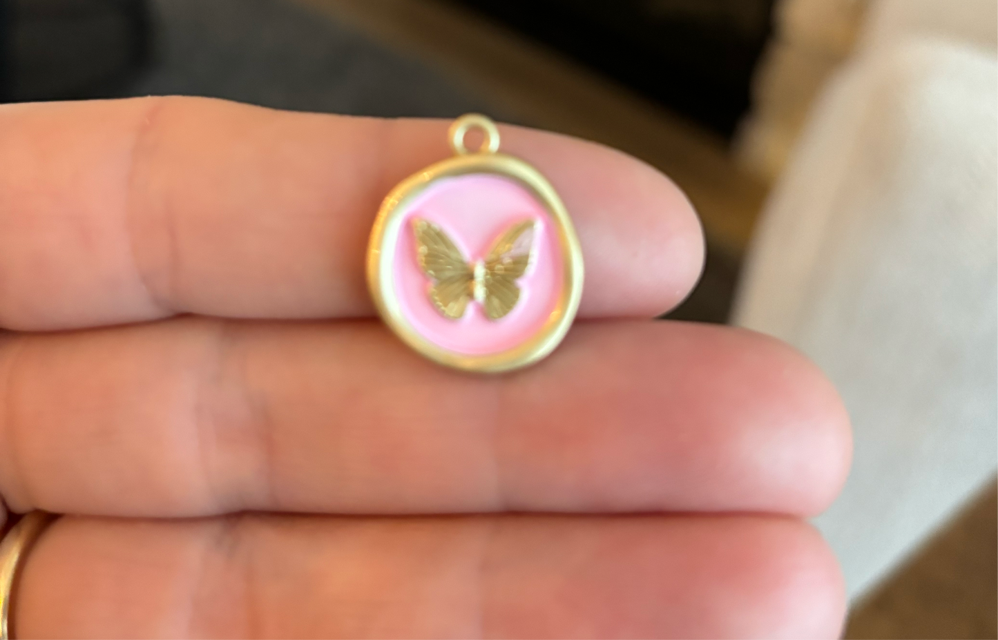 Round Matt Gold Light Pink Butterfly Painted 22mm x 18mm