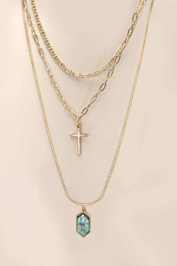 CROSS STONE MULTI LAYER CHAIN NECKLACE | 10N3032403