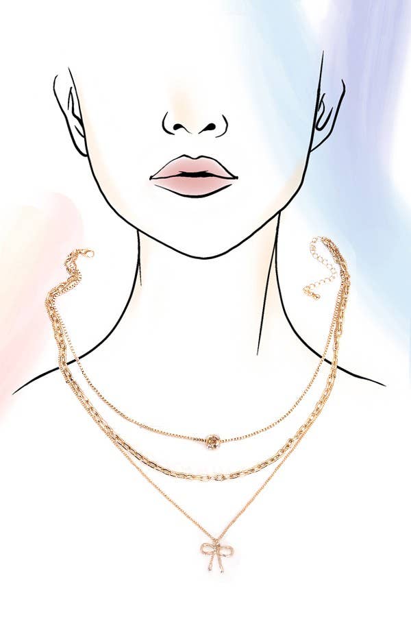 MULTI LAYER PEARL BOW CHARM NECKLACE | 80N605