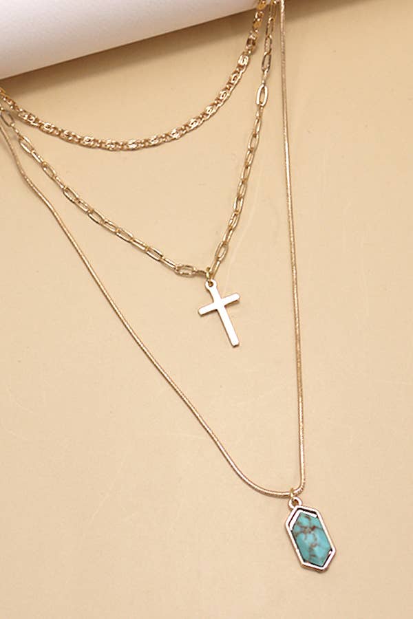 CROSS STONE MULTI LAYER CHAIN NECKLACE | 10N3032403