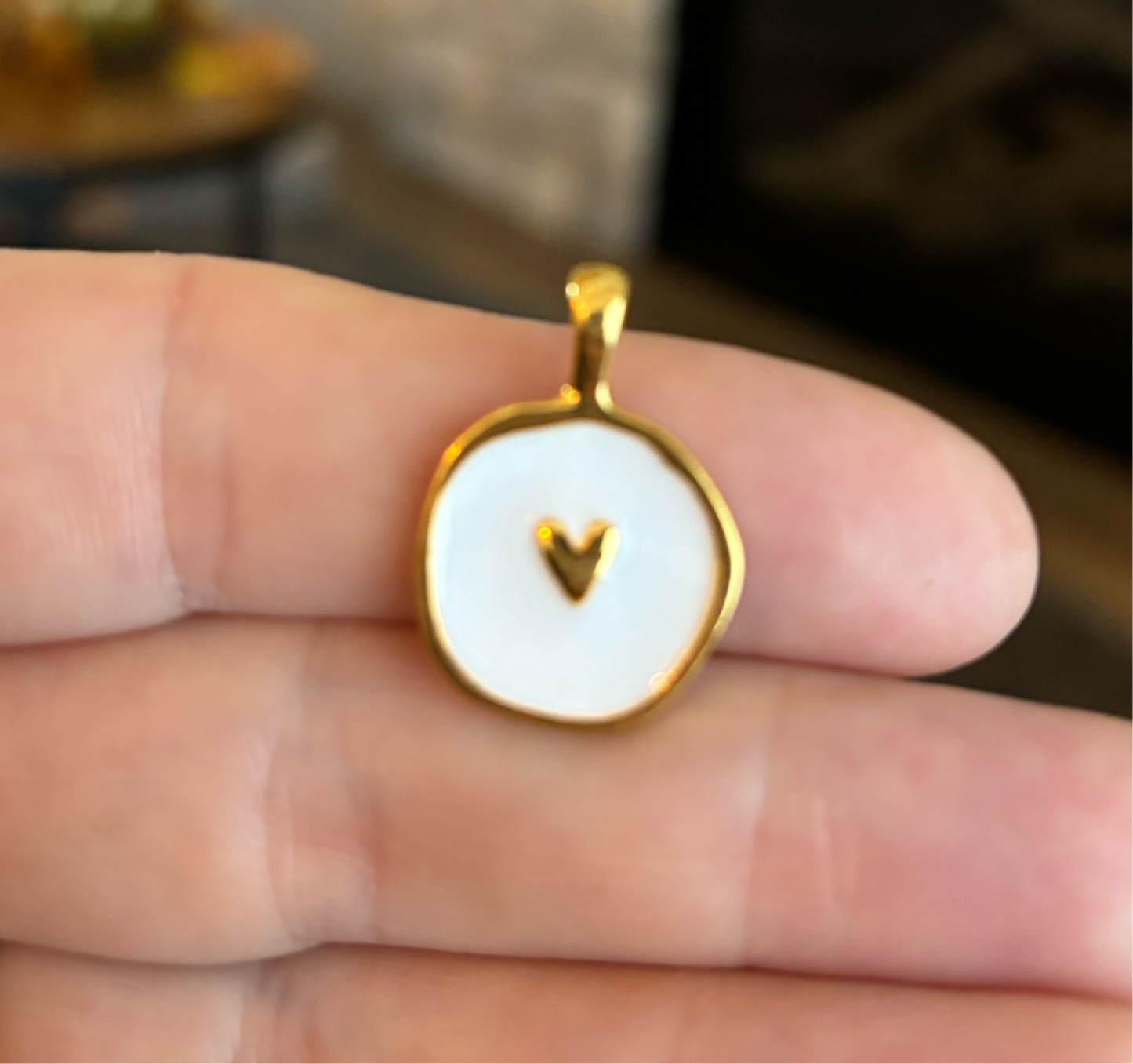 Round Gold Plated White Heart Enamel 25mm x 18mm