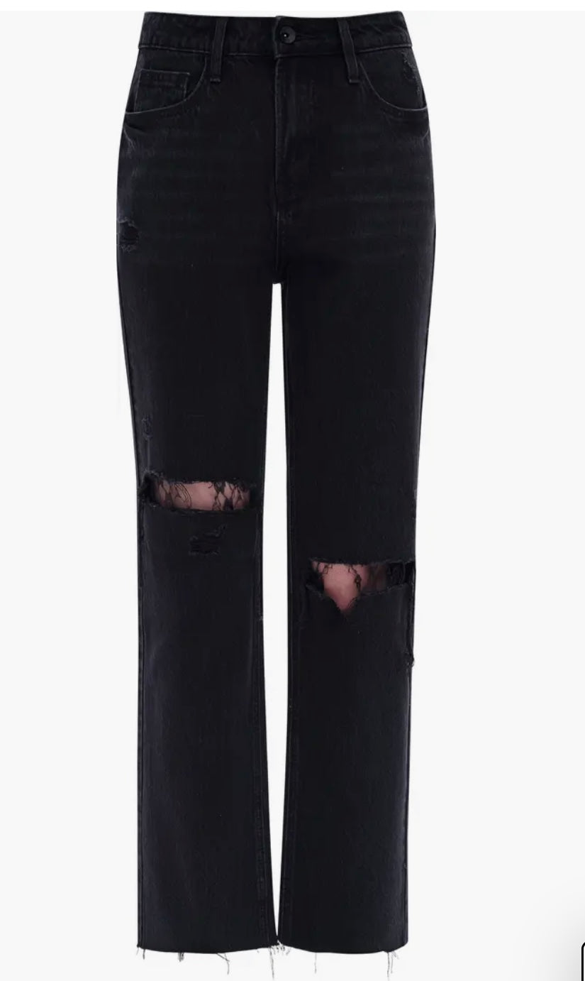 High Waist Lace Inset Rip Straight Leg Jeans