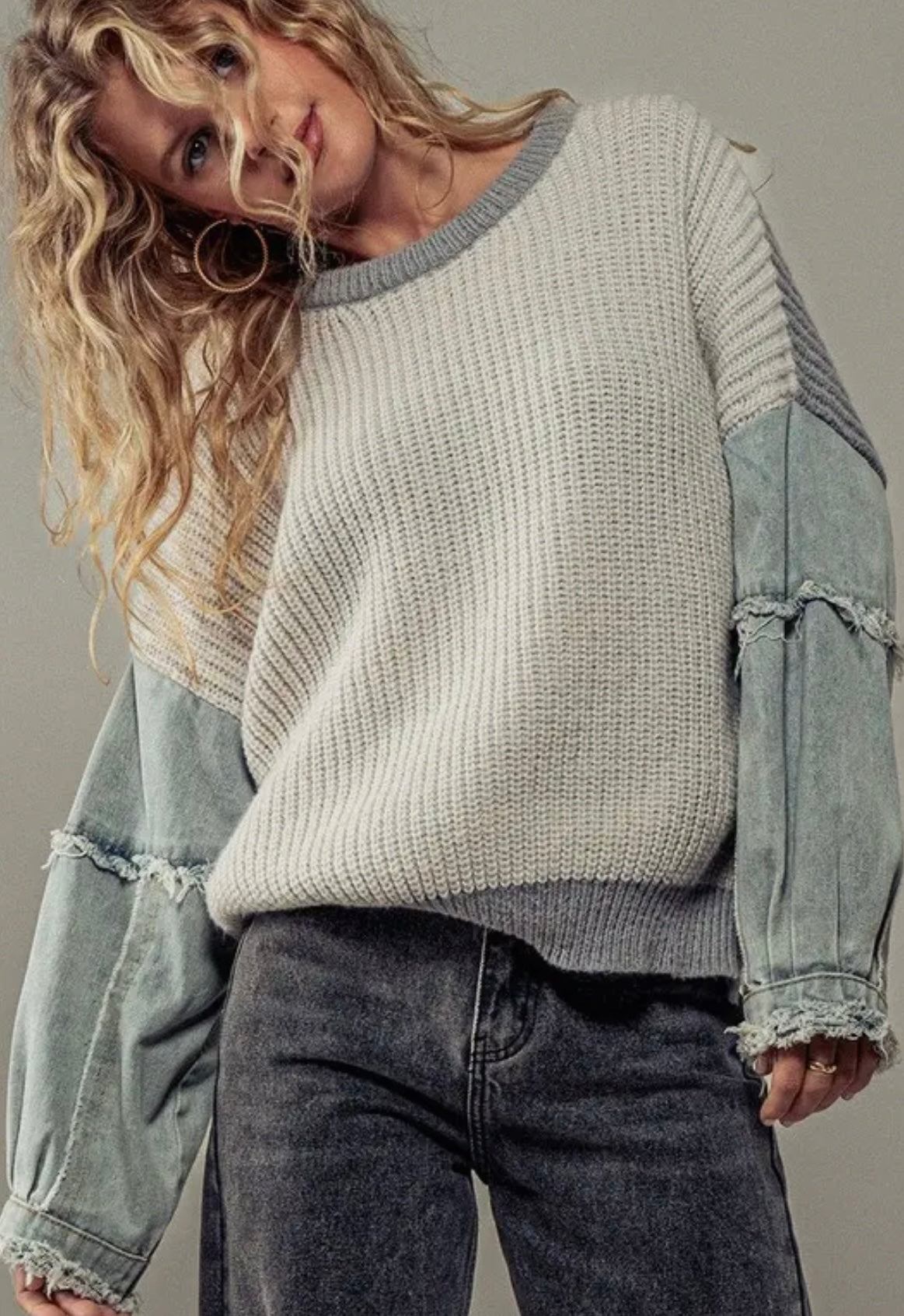 CONTRAST DENIM SLEEVE SWEATER