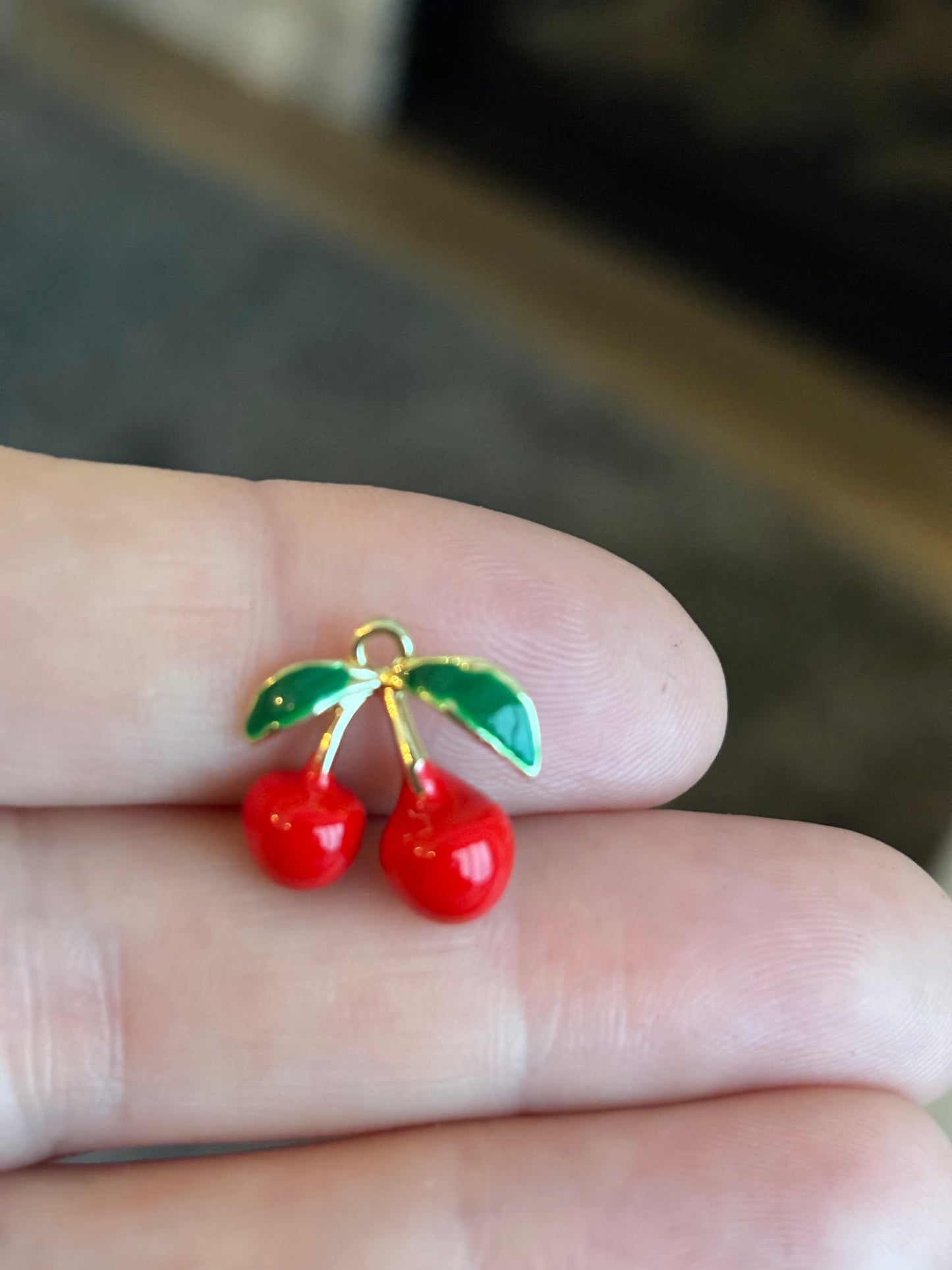 Gold Plated Red & Green Cherry Fruit Enamel 15.5mm x 14mm