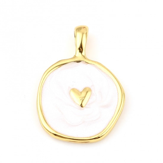 Round Gold Plated White Heart Enamel 25mm x 18mm
