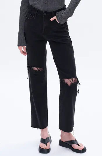 High Waist Lace Inset Rip Straight Leg Jeans