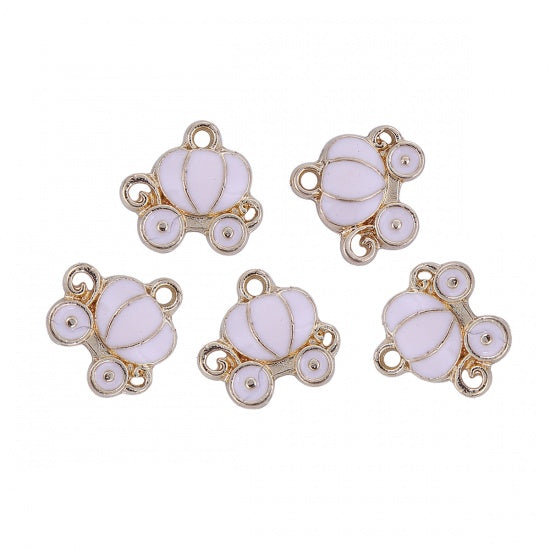 Fairy Tale Collection Charms Pumpkin Carriage Gold Plated Light Pink Enamel 13mm( 4/8") x 12mm( 4/8")
