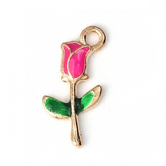 Rose Flower Gold Plated Hot Pink Enamel 19mm( 6/8") x 10mm( 3/8"),