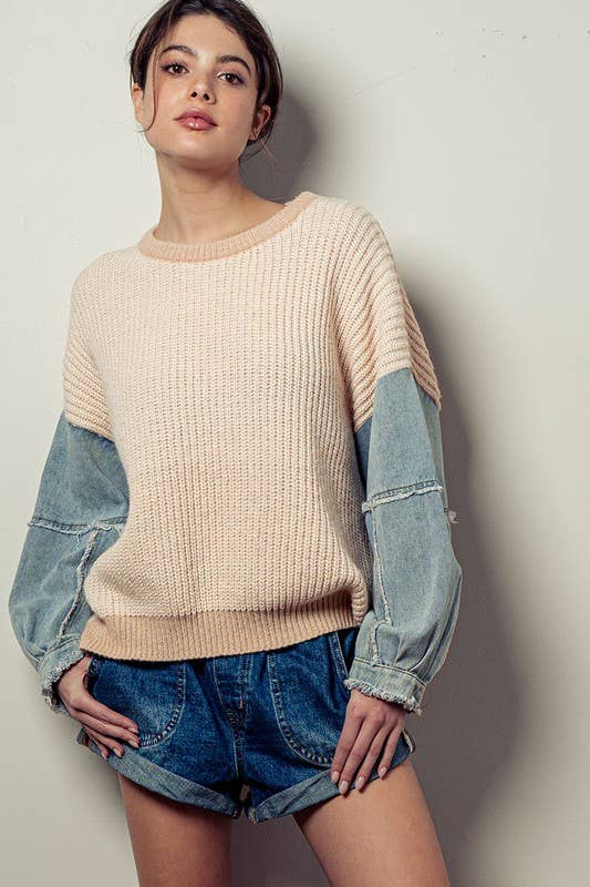 Contrast Denim Sleeve Drop Shoulder Casual Western Sweater