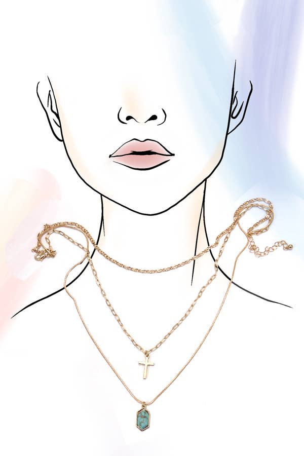 CROSS STONE MULTI LAYER CHAIN NECKLACE | 10N3032403