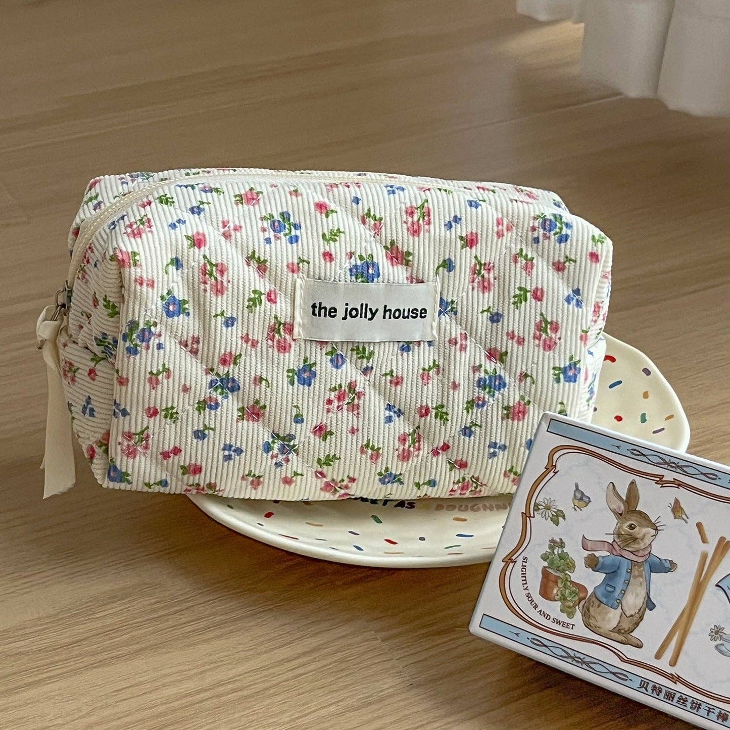 Corduroy Flower Print Sweet Cosmetic Bag