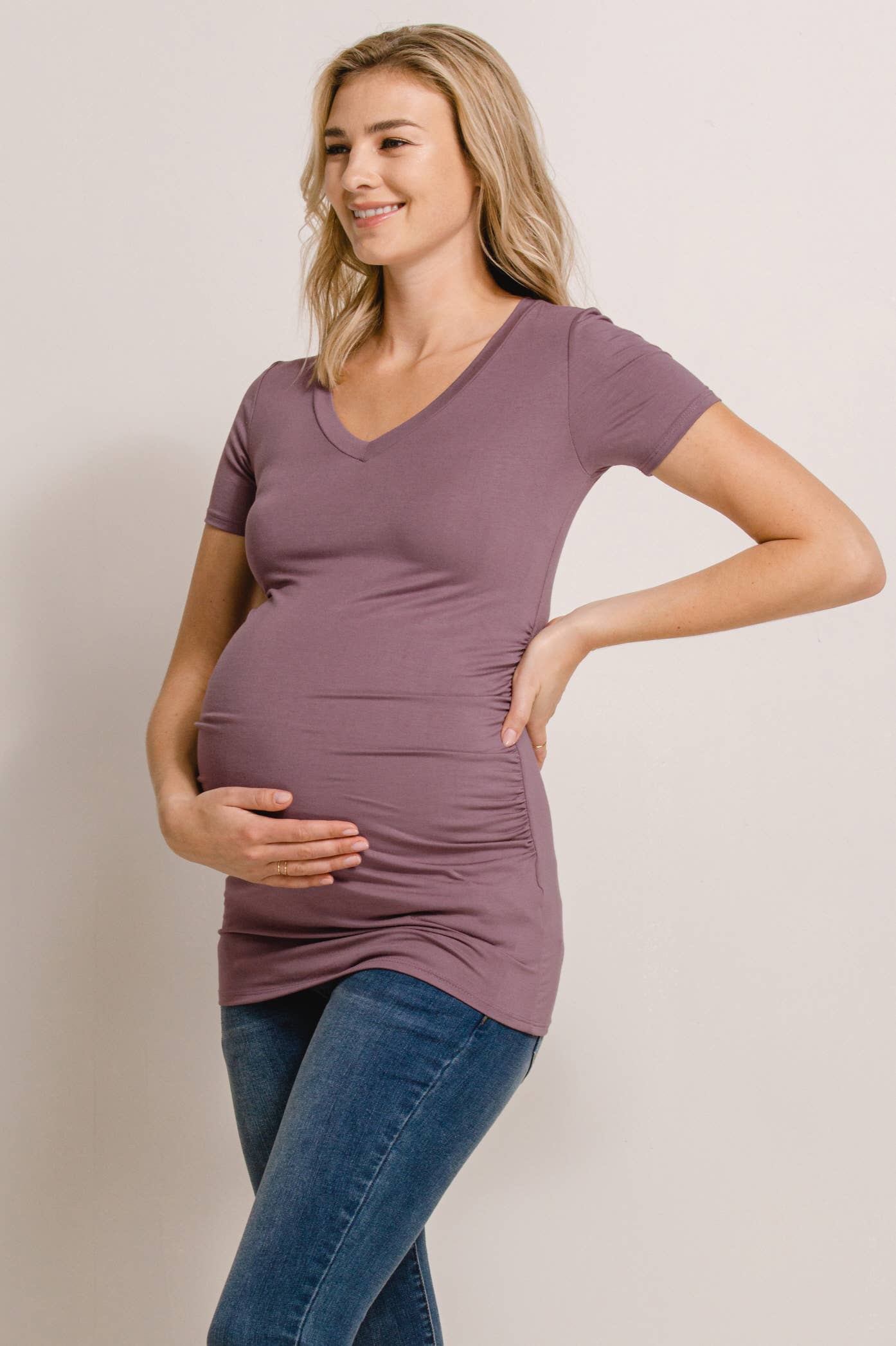 Solid V-Neck Maternity Basic Top with Ruched Side