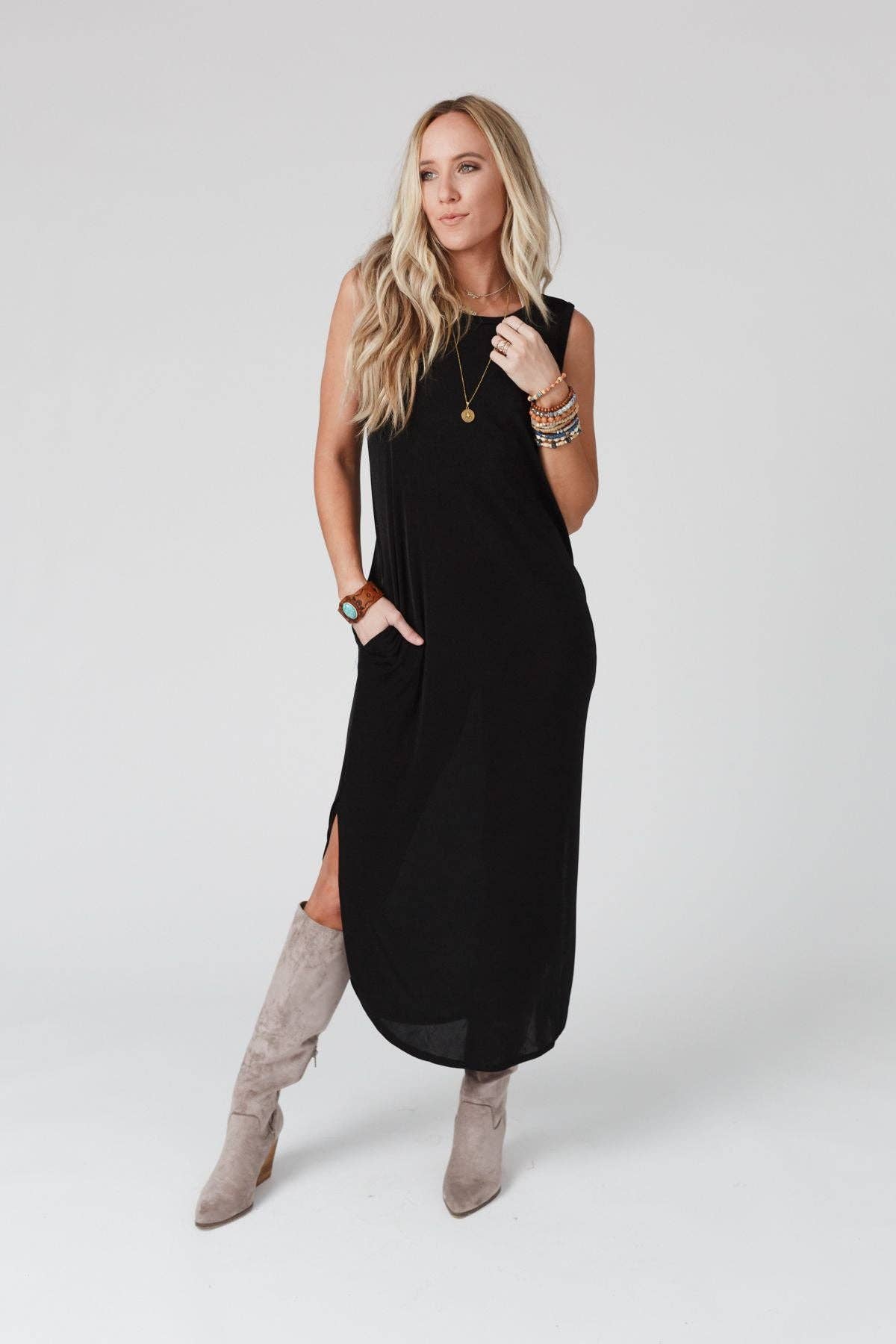 Cassie Sleeveless Pocket Slinky Maxi Dress - Black