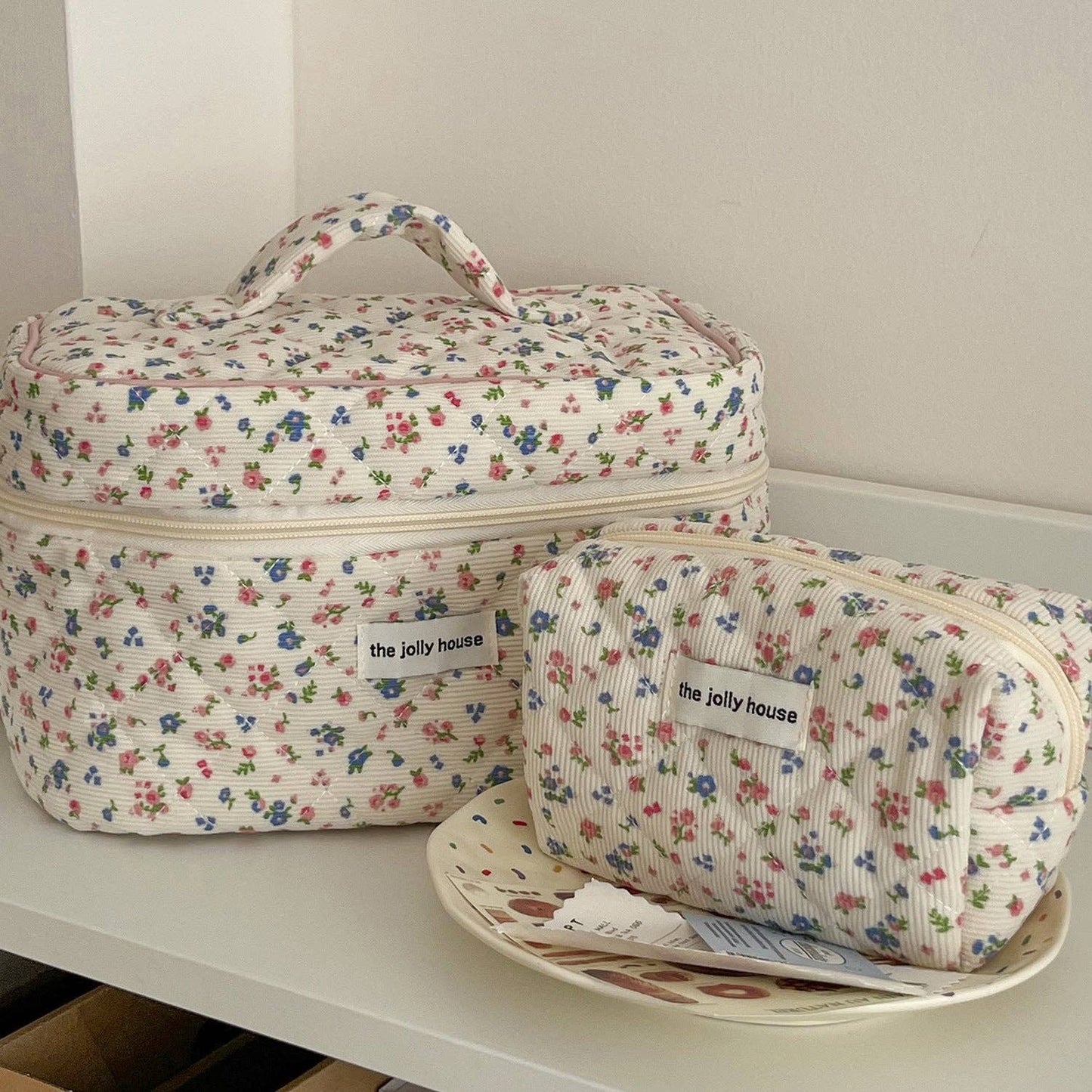 Corduroy Flower Print Sweet Cosmetic Bag