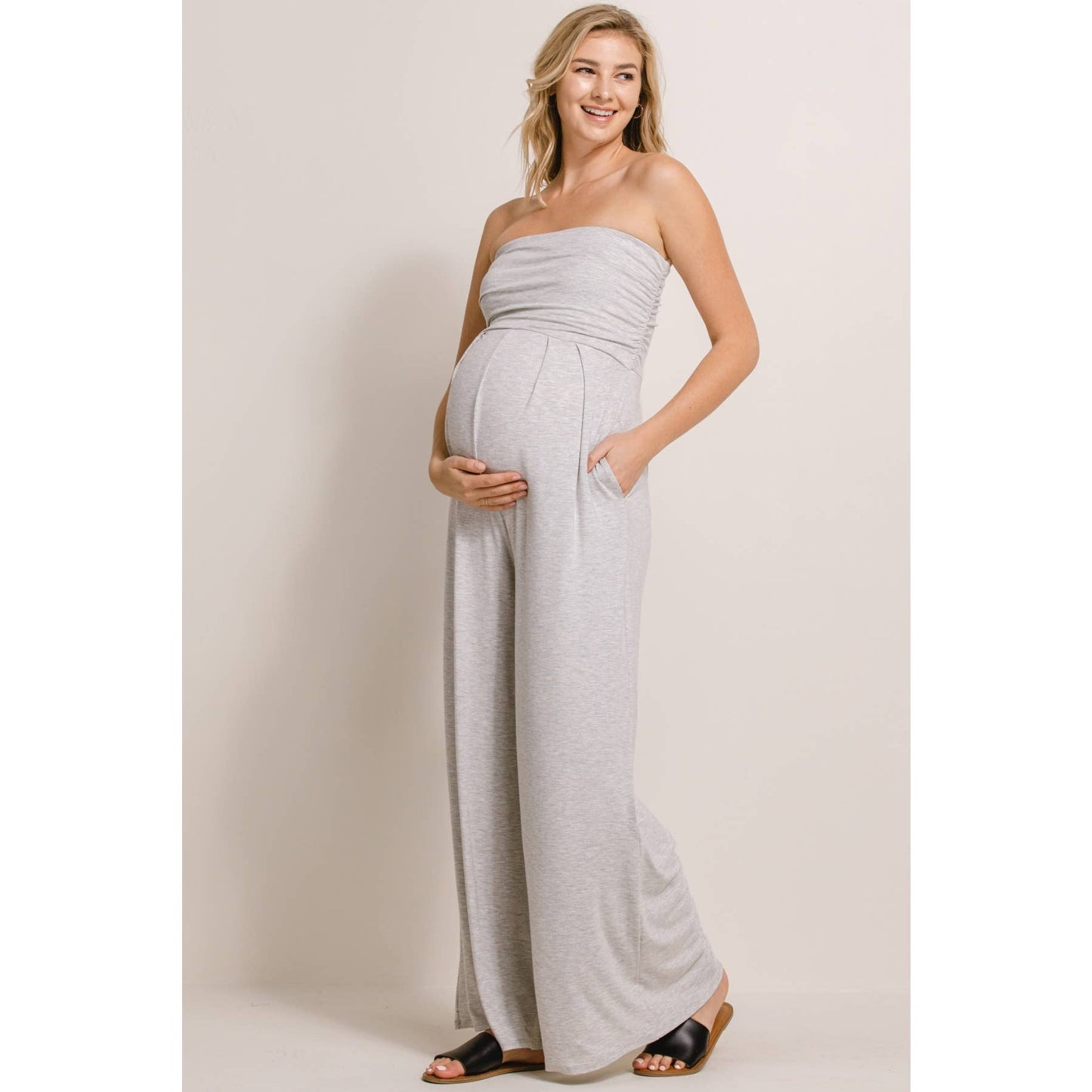 Solid Rayon Jersey Ruched Maternity Jumpsuit