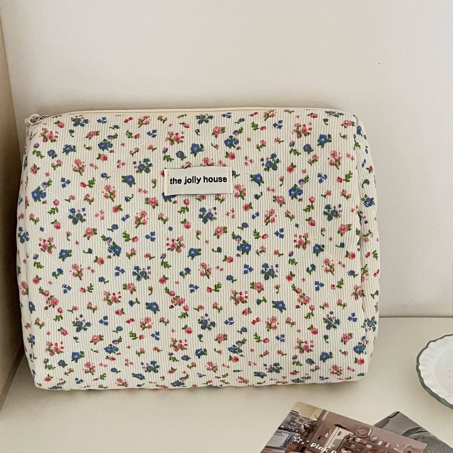 Corduroy Flower Print Sweet Cosmetic Bag