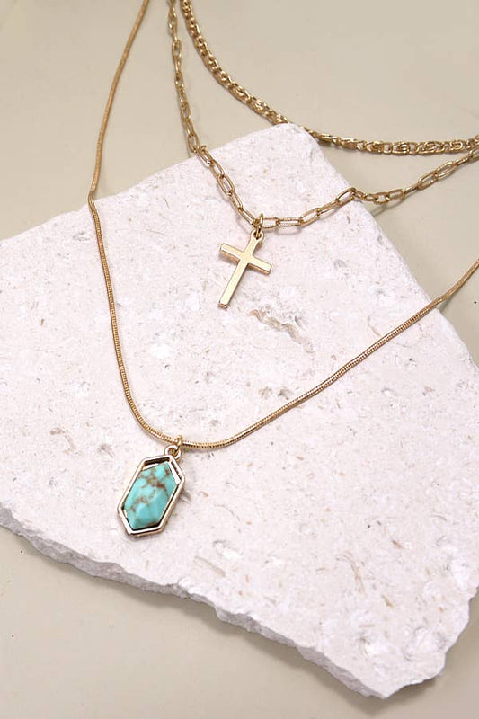 CROSS STONE  MULTI  LAYER CHAIN NECKLACE | 10N3032403