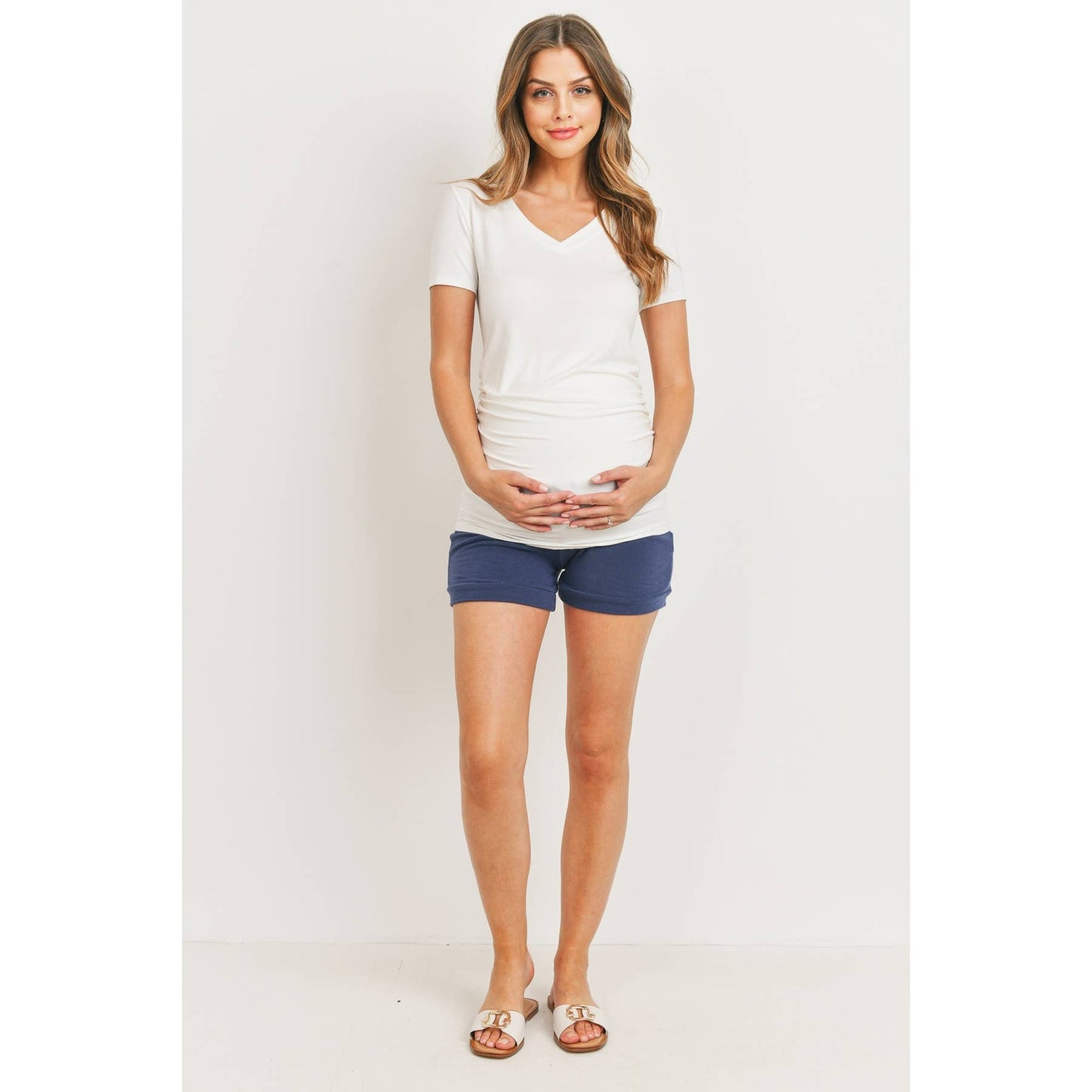 Solid V-Neck Maternity Basic Top with Ruched Side