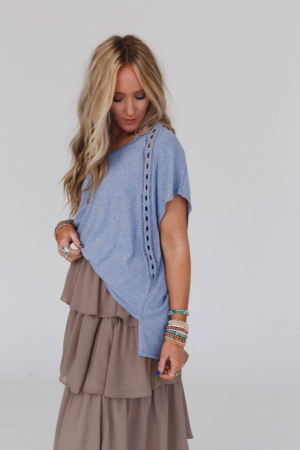 Camden Lace V Neck Top - Denim