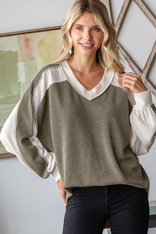 Rib V Neck Long Sleeve Top