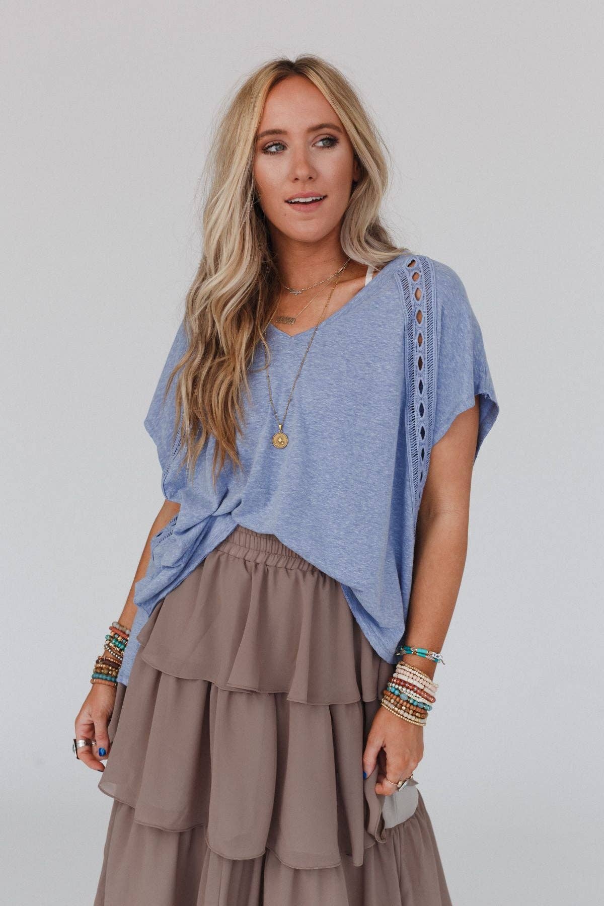 Camden Lace V Neck Top - Denim