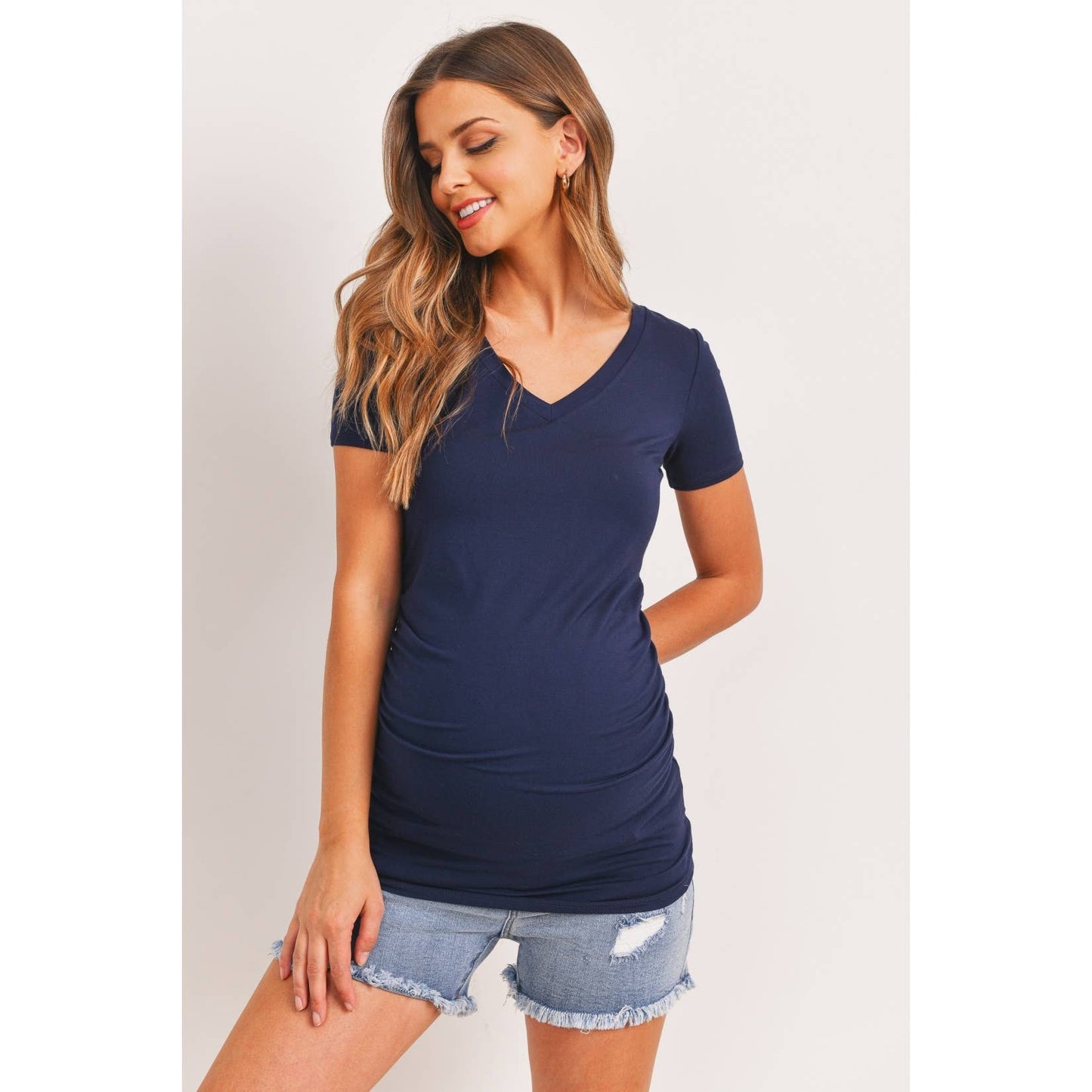 Solid V-Neck Maternity Basic Top with Ruched Side