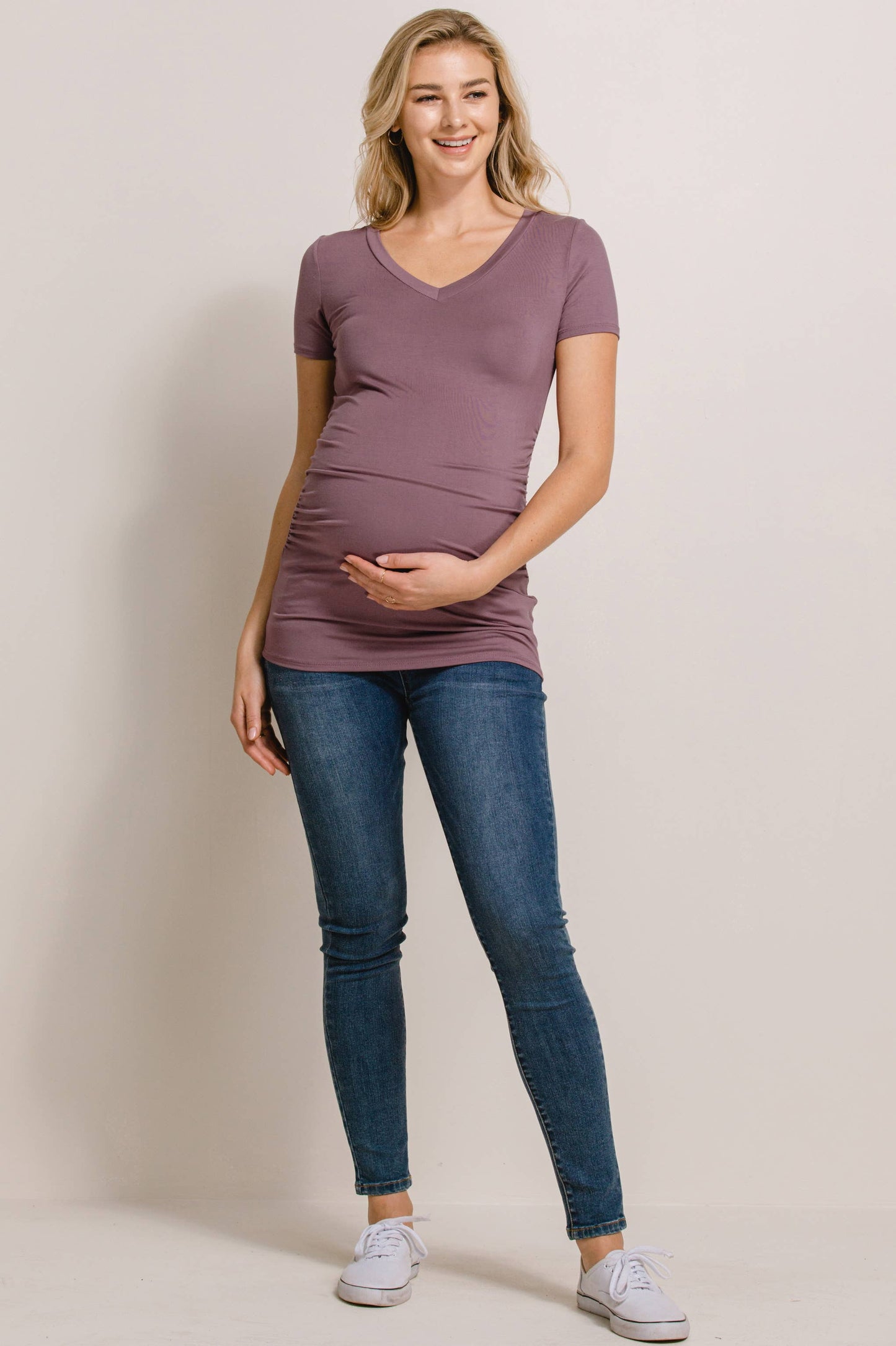 Solid V-Neck Maternity Basic Top with Ruched Side