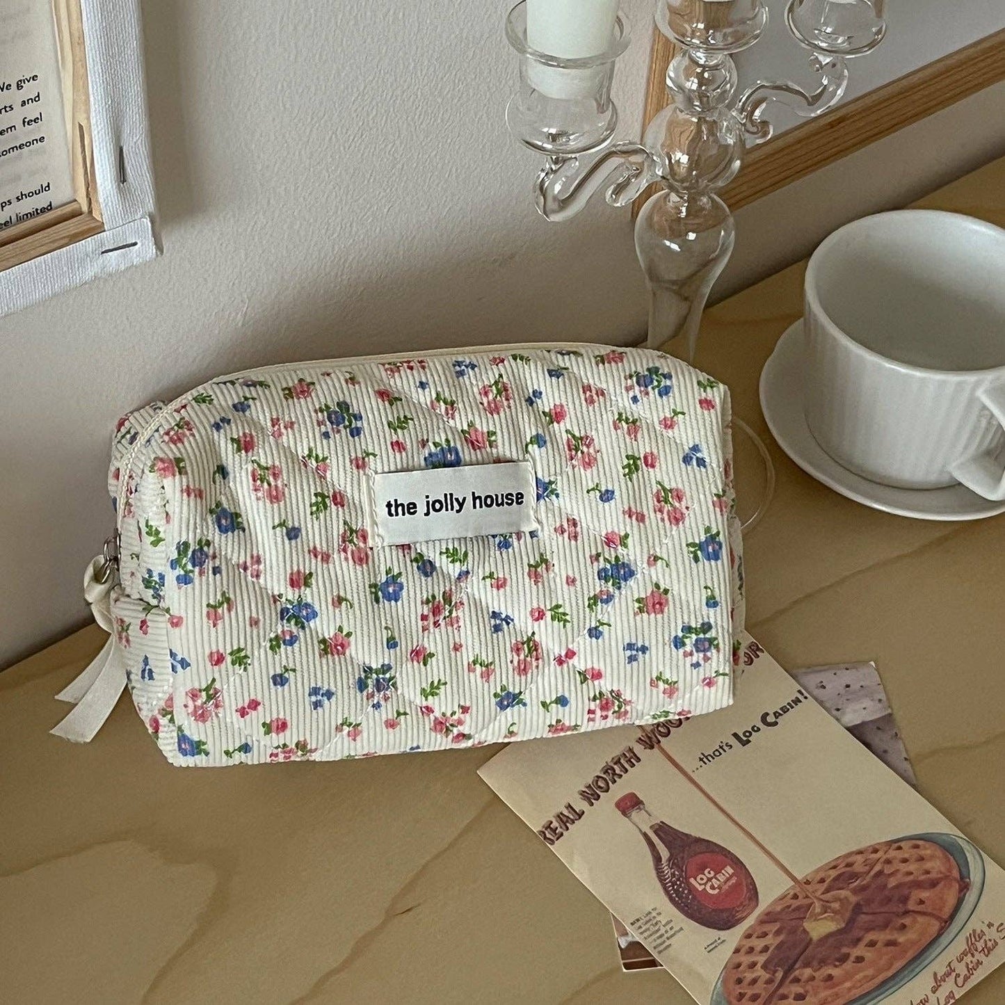 Corduroy Flower Print Sweet Cosmetic Bag