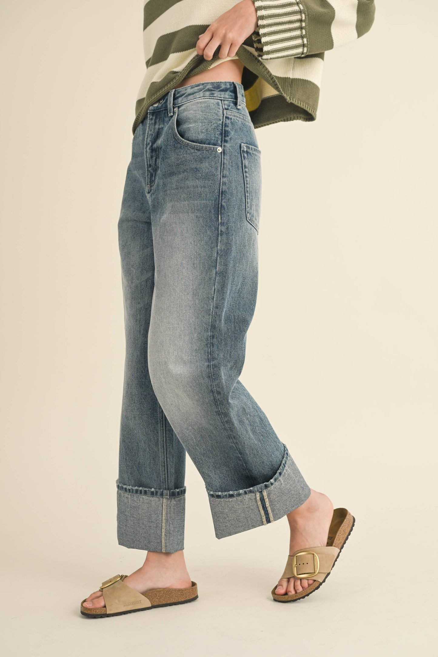 STRAIGHT LEG CUFFED HEM DENIM PANTS