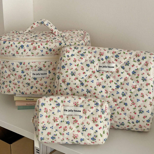 Corduroy Flower Print Sweet Cosmetic Bag