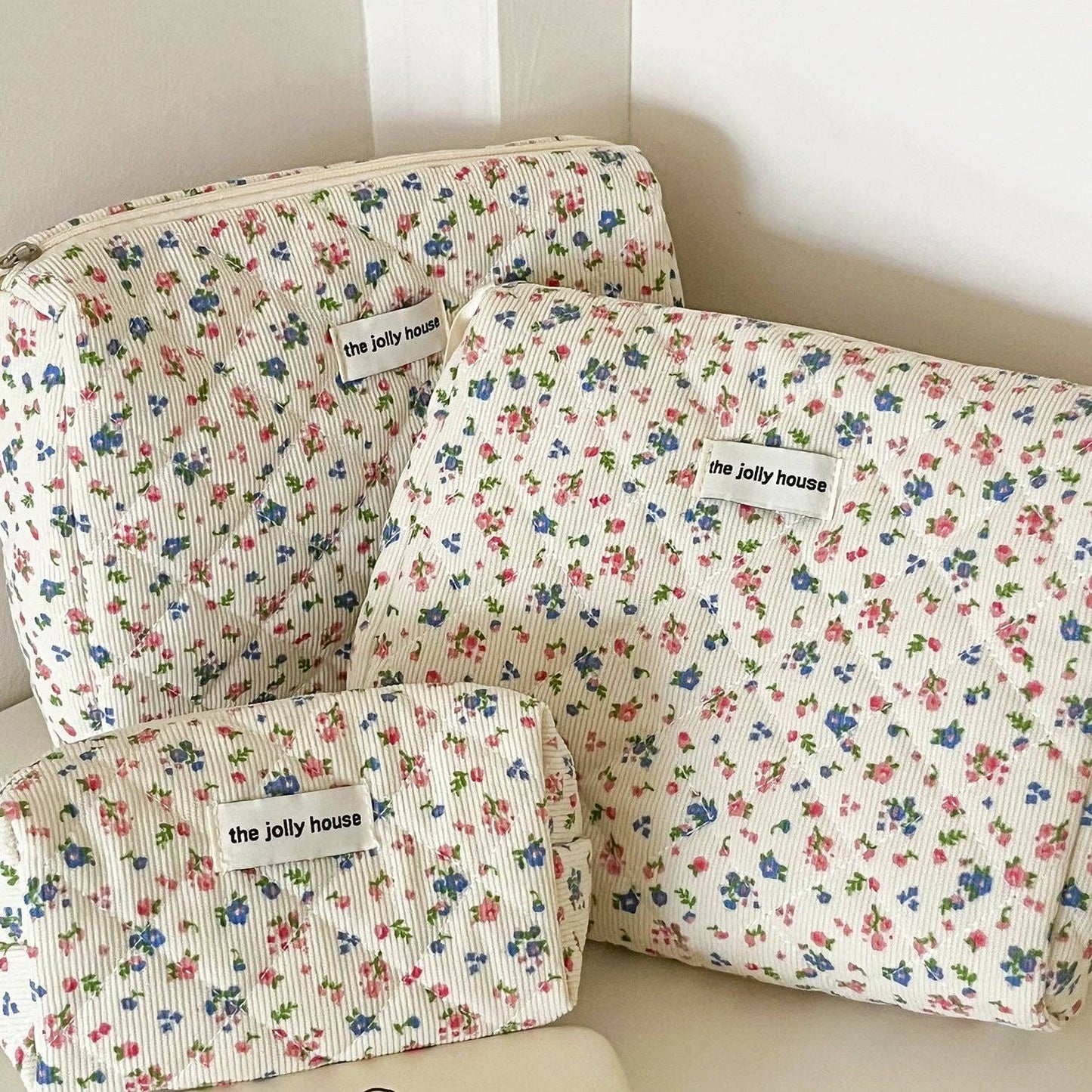 Corduroy Flower Print Sweet Cosmetic Bag