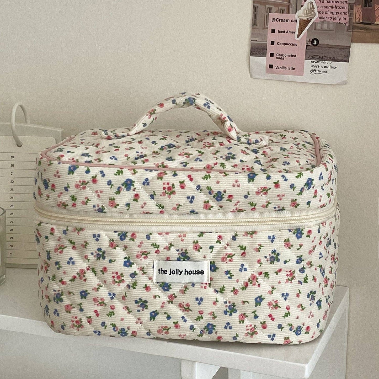 Corduroy Flower Print Sweet Cosmetic Bag