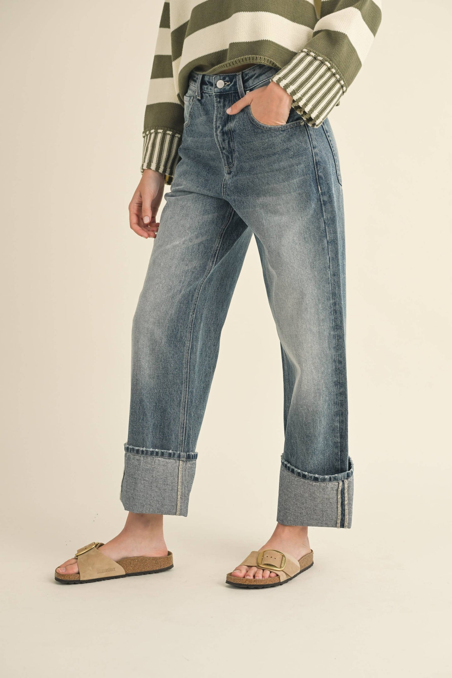 STRAIGHT LEG CUFFED HEM DENIM PANTS