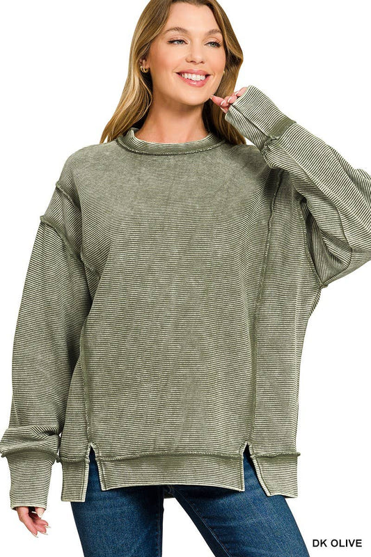 POPPY Acid Washed Double Ribbed Exposed-seam Pullover