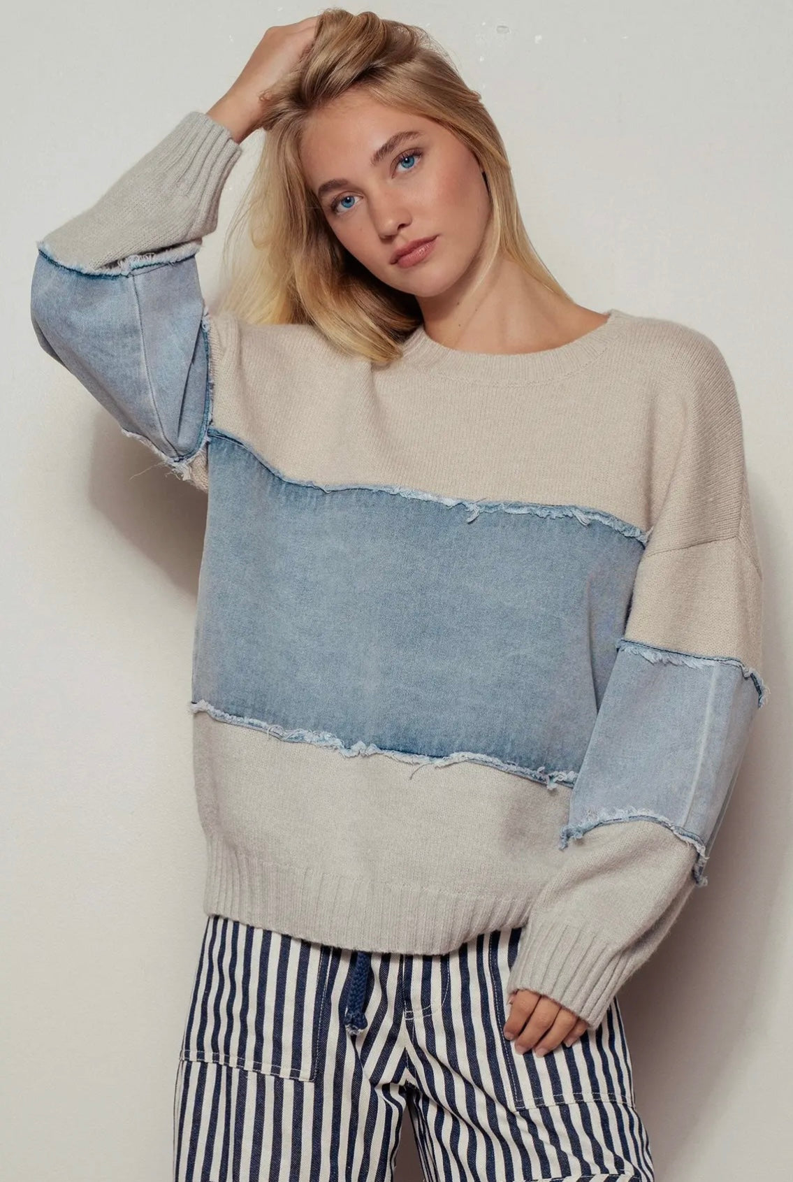 SAMMY  Denim Patchwork Knit Sweater
