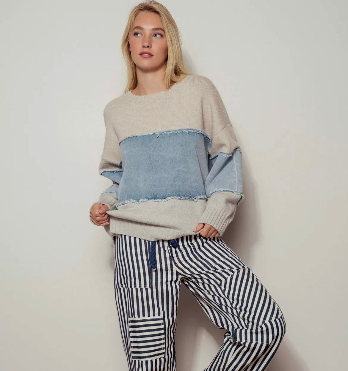 SAMMY  Denim Patchwork Knit Sweater