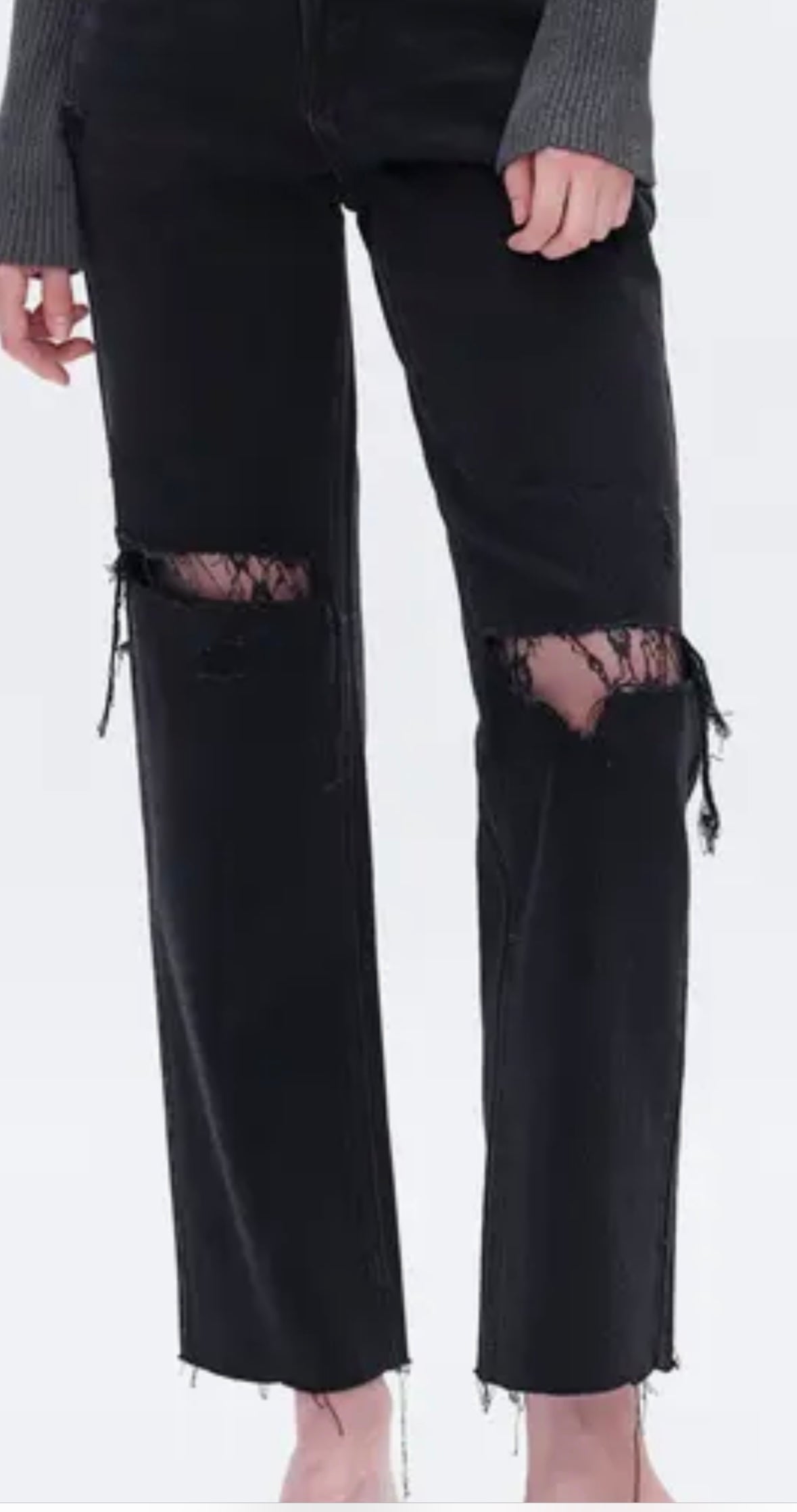 High Waist Lace Inset Rip Straight Leg Jeans