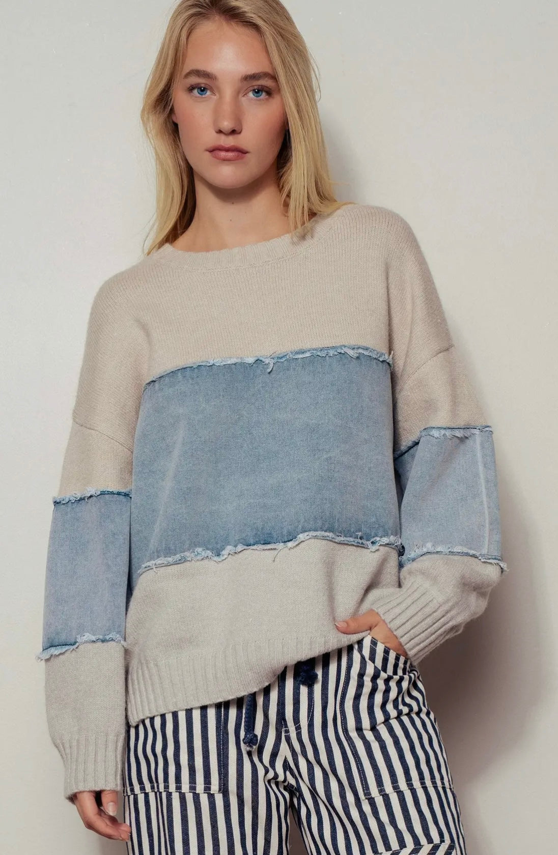 SAMMY  Denim Patchwork Knit Sweater