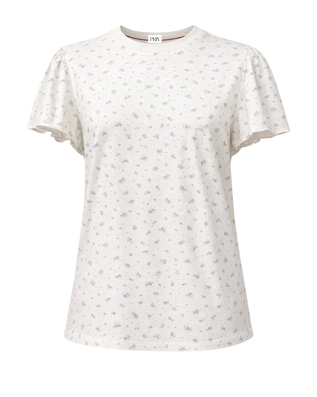 FLORAL RUFFLE SLEEVE T SHIRT – COLETTE COTTON TEE IN BLUE PRINT