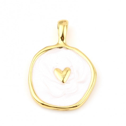 Round Gold Plated White Heart Enamel 25mm x 18mm