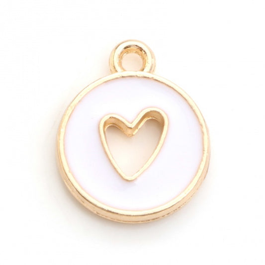 Gold Plated White Round Heart Double Sided Enamel 14mm x 12mm