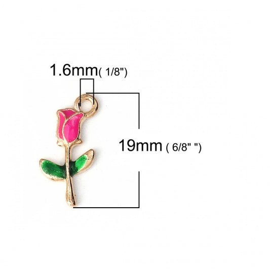 Rose Flower Gold Plated Hot Pink Enamel 19mm( 6/8") x 10mm( 3/8"),