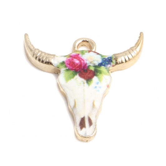 Cow Animal Gold Plated Multicolor Flower Enamel 22mm x 21mm