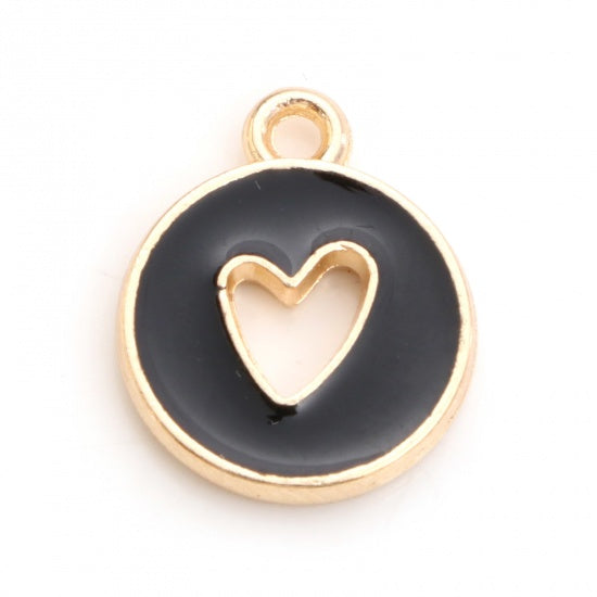 Gold Plated Black Round Heart Double Sided Enamel