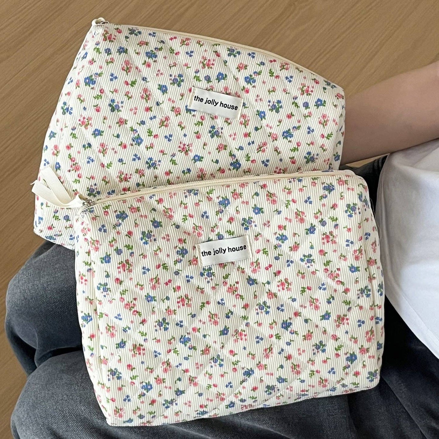 Corduroy Flower Print Sweet Cosmetic Bag