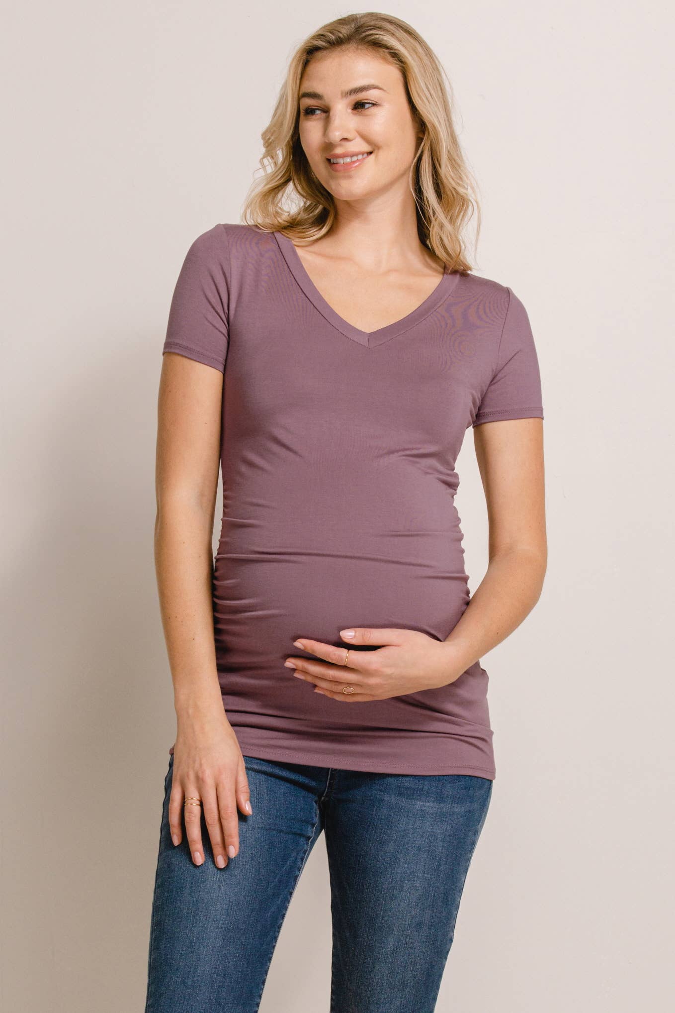 Solid V-Neck Maternity Basic Top with Ruched Side