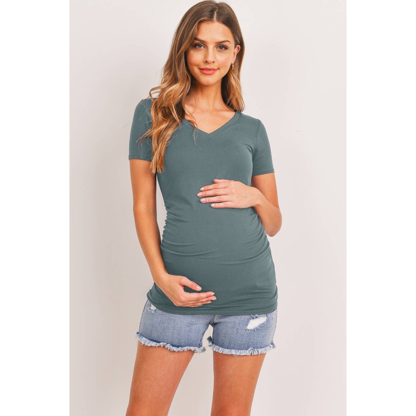 Solid V-Neck Maternity Basic Top with Ruched Side